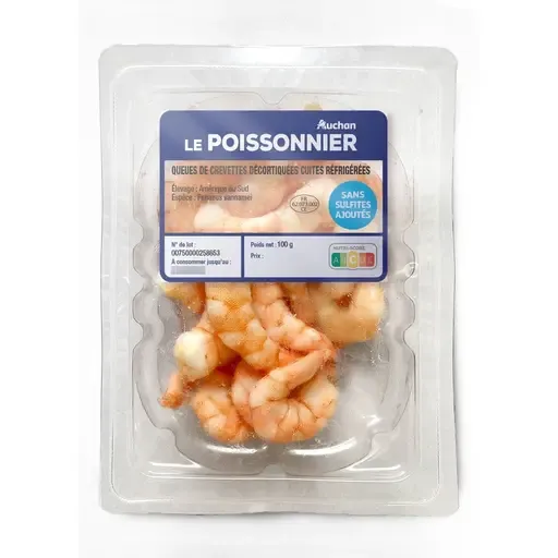 AUCHAN LE POISSONNIER Queues de crevettes décortiquées cuites réfrigérées