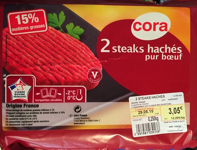 Cora 2 steaks hachés pur bœuf (15 % MG)