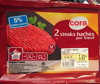 Cora,Groupe Louis Delhaize 2 steaks hachés pur bœuf (5 % MG)