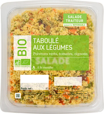 Image descriptive de Tabouléauxlégumespoivronsvertstomatesoignonsàlamenthe