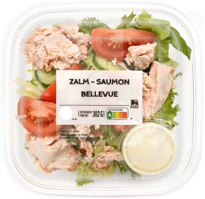 Image descriptive de Repas à base de saumon, concombre, tomate, salade et sauce